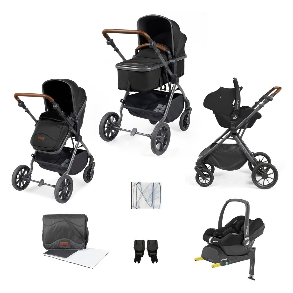 Ickle Bubba Cosmo 9 Piece Travel System with Maxi-Cosi CabrioFix i-Size Car Seat & Base - Gunmetal/Black