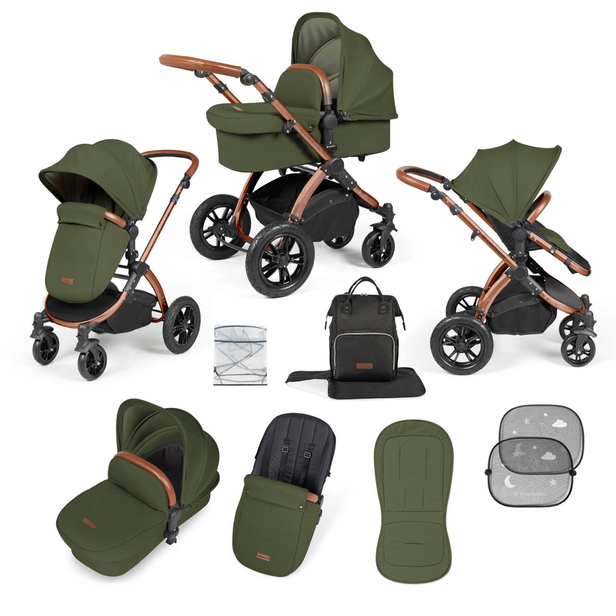 Ickle Bubba Stomp Luxe 9 Piece Pram Bundle - Bronze/Woodland/Tan
