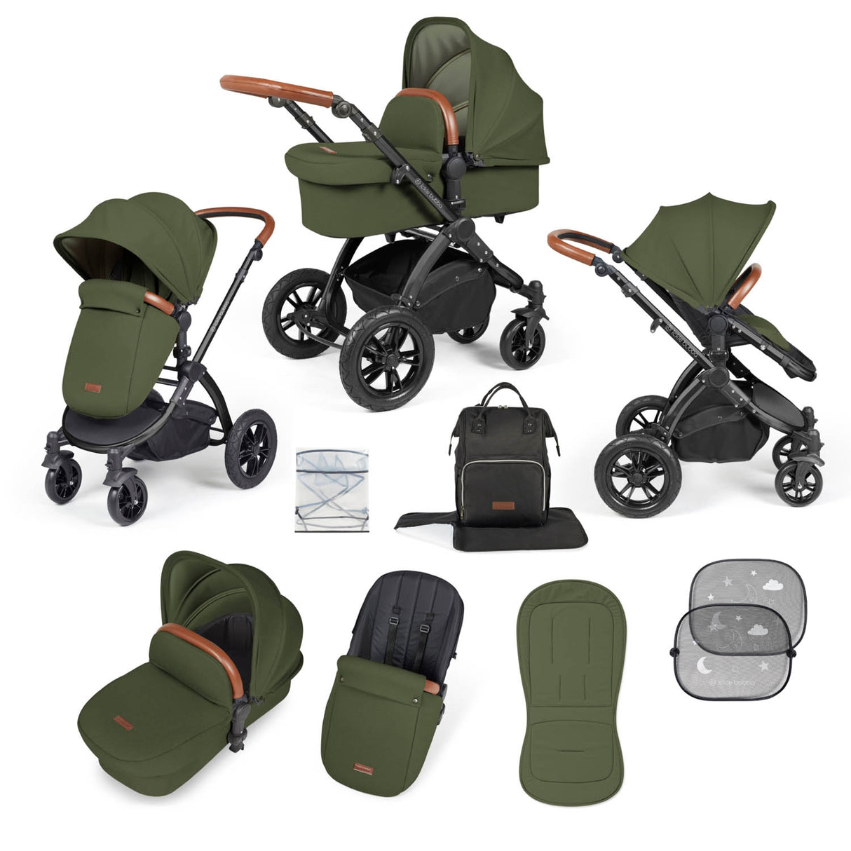 Ickle Bubba Stomp Luxe 9 Piece Pram Bundle - Black/Woodland/Tan