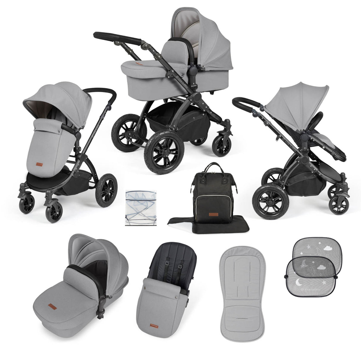 Ickle Bubba Stomp Luxe 9 Piece Pram Bundle - Black/Pearl Grey/Black