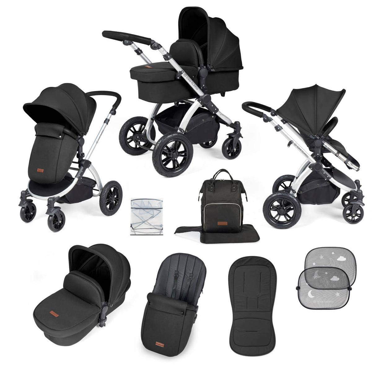 Ickle Bubba Stomp Luxe 9 Piece Pram Bundle - Silver/Midnight/Black