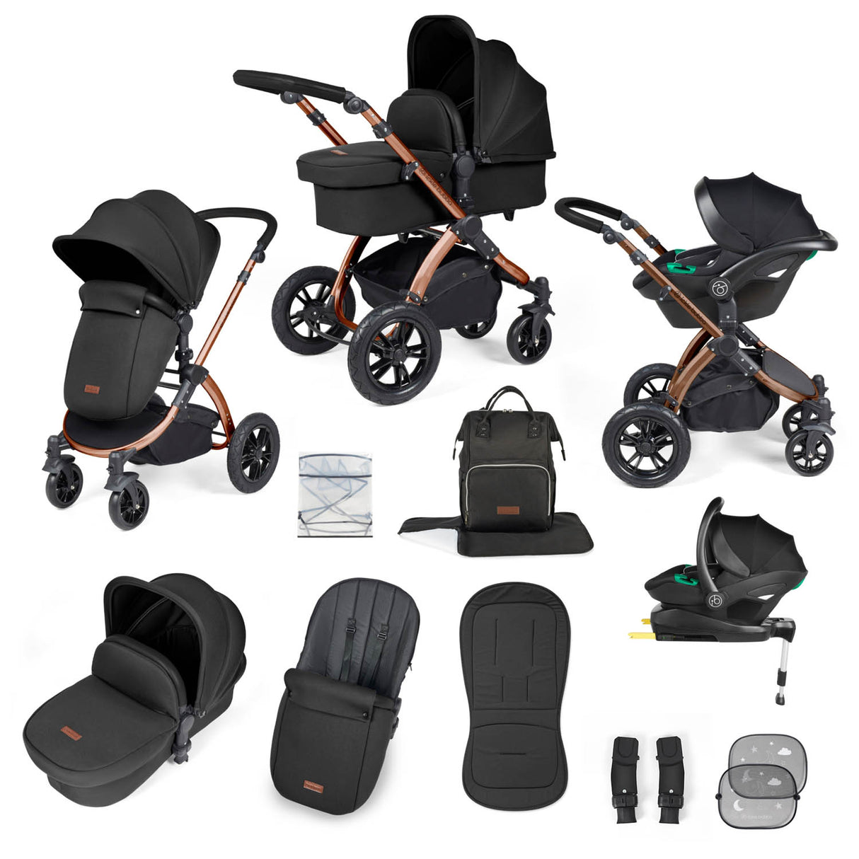 Ickle Bubba Stomp Luxe 12 Piece Travel System with i-Size Stratus Car Seat & Base - Bronze/Midnight/Black