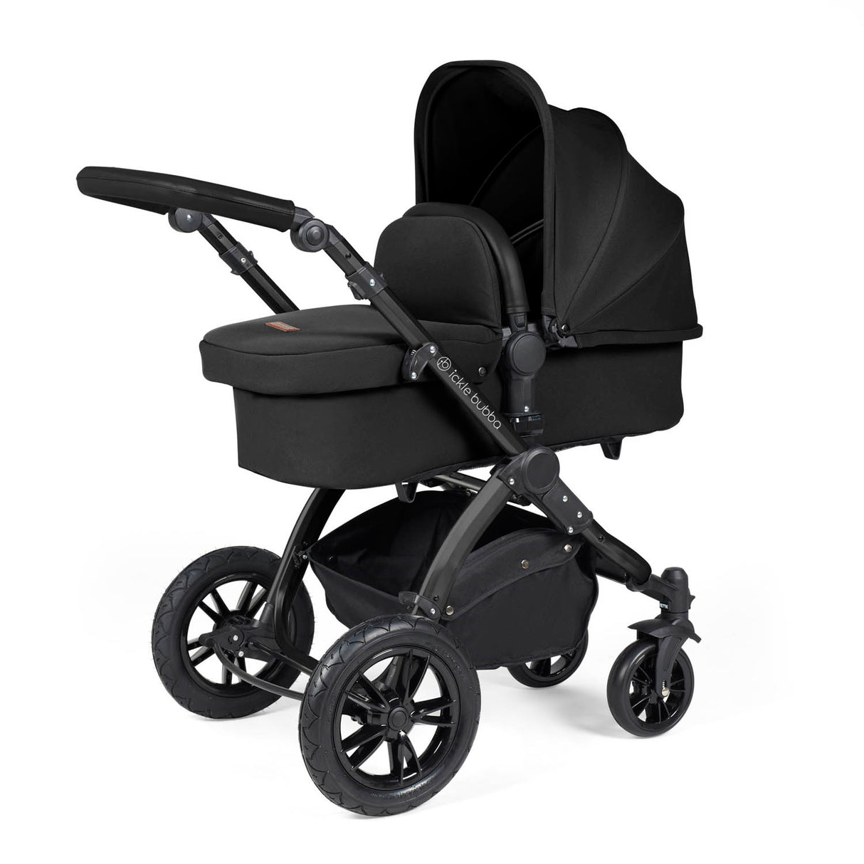 Ickle Bubba Stomp Luxe 12 Piece Travel System with i-Size Stratus Car Seat & Base - Black/Midnight/Black