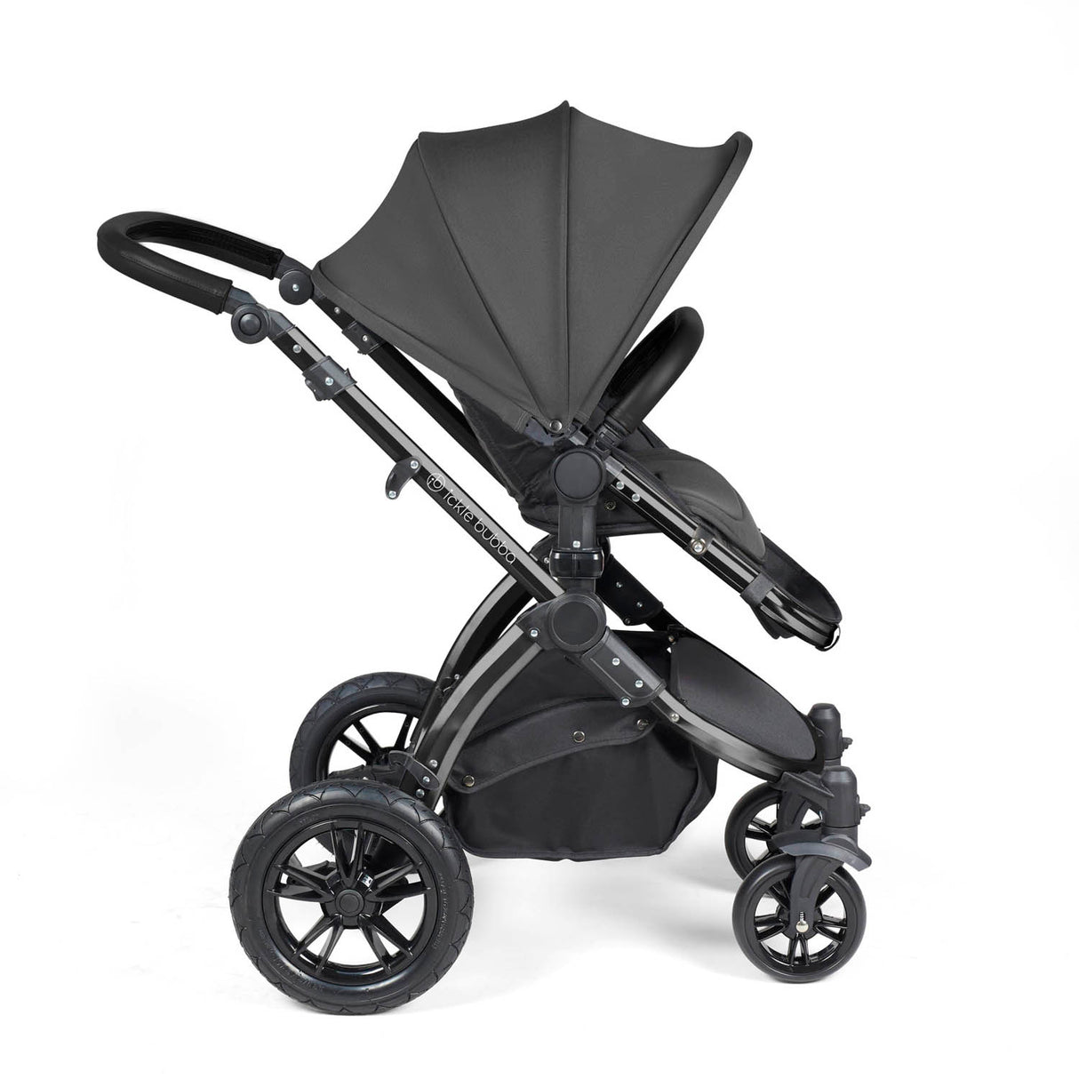 Ickle Bubba Stomp Luxe 12 Piece Travel System with i-Size Stratus Car Seat & Base - Black/Charcoal Grey/Black