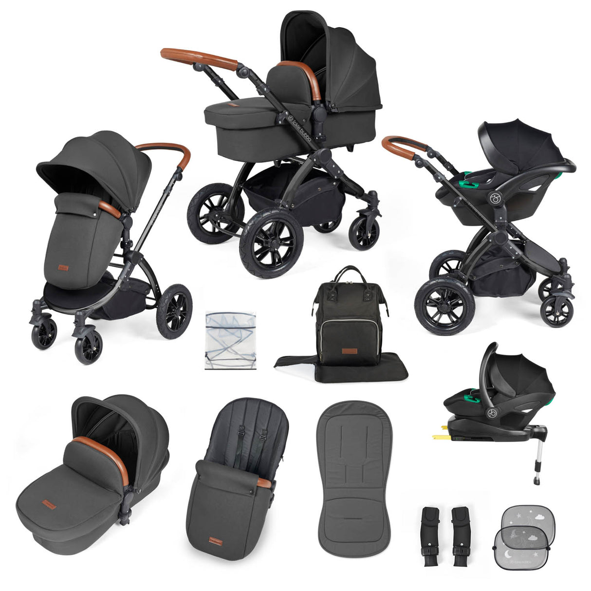 Ickle Bubba Stomp Luxe 12 Piece Travel System with i-Size Stratus Car Seat & Base - Black/Charcoal Grey/Tan