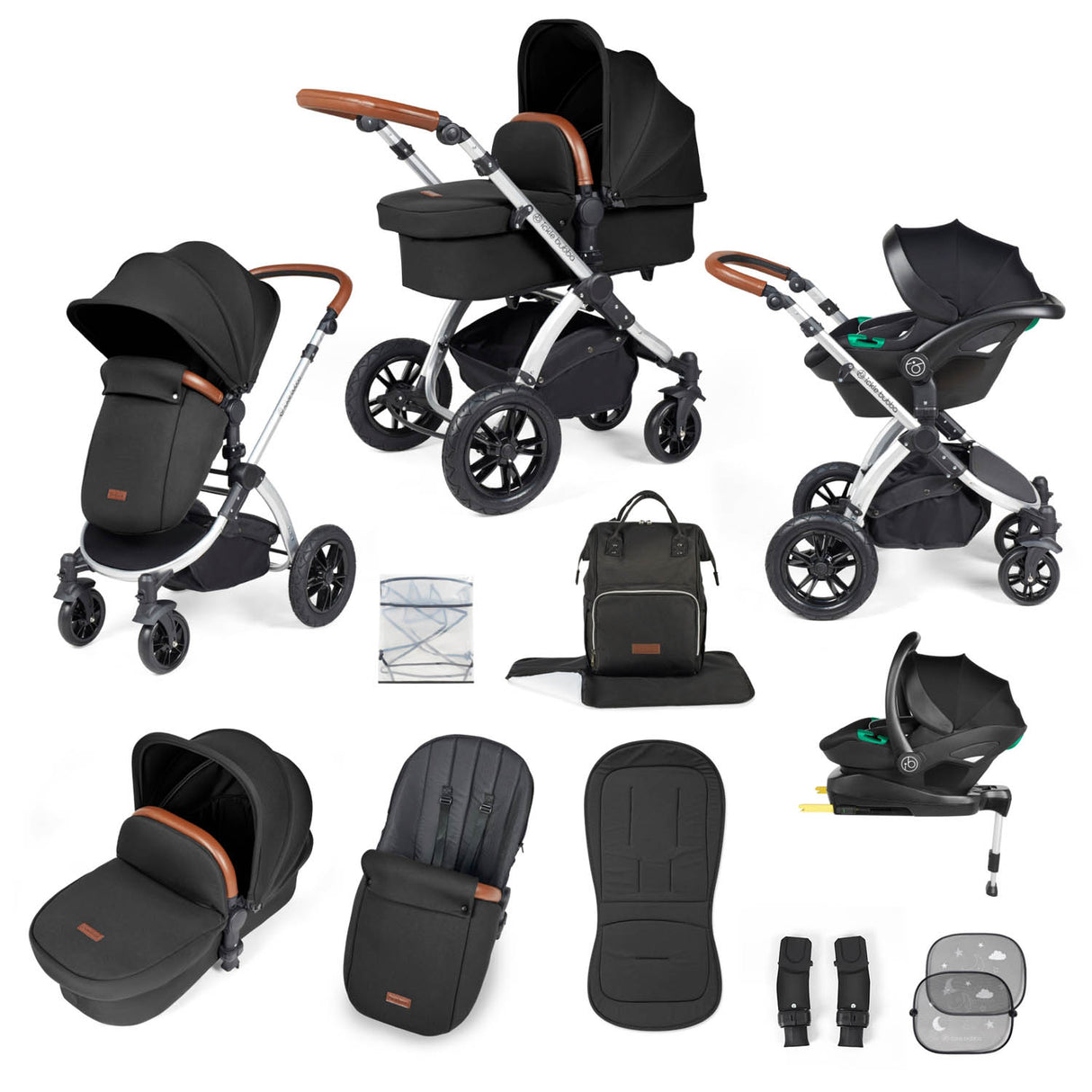 Ickle Bubba Stomp Luxe 12 Piece Travel System with i-Size Stratus Car Seat & Base - Silver/Midnight/Tan