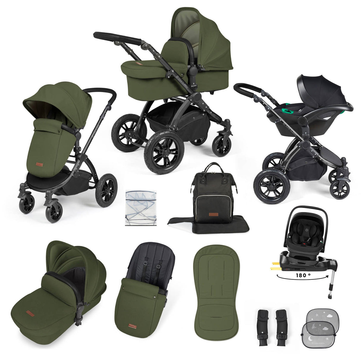 Ickle Bubba Stomp Luxe 12 Piece Travel System with i-Size Nimbus Car Seat & Spin Base - Black/Woodland/Black