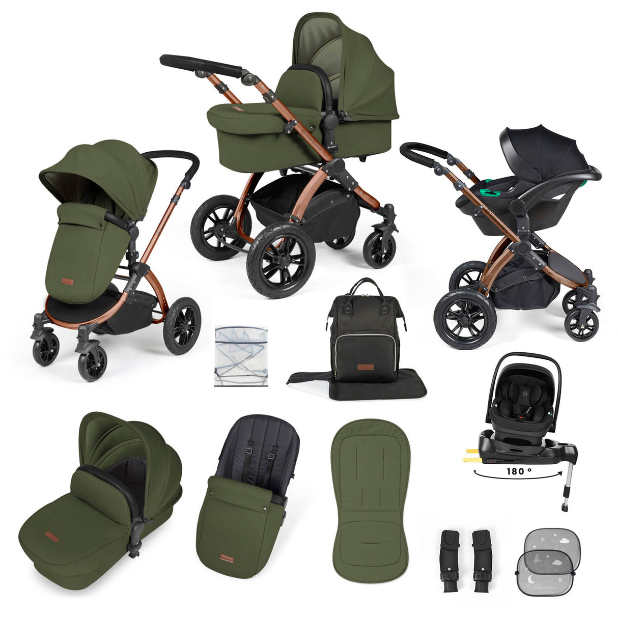 Ickle Bubba Stomp Luxe 12 Piece Travel System with i-Size Nimbus Car Seat & Spin Base - Bronze/Woodland/Black