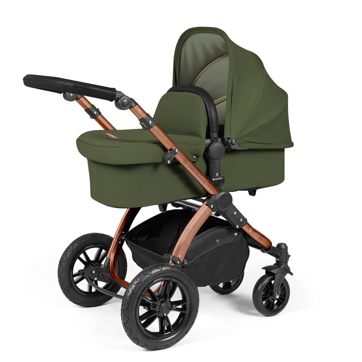 Ickle Bubba Stomp Luxe 12 Piece Travel System with i-Size Nimbus Car Seat & Spin Base - Bronze/Woodland/Black
