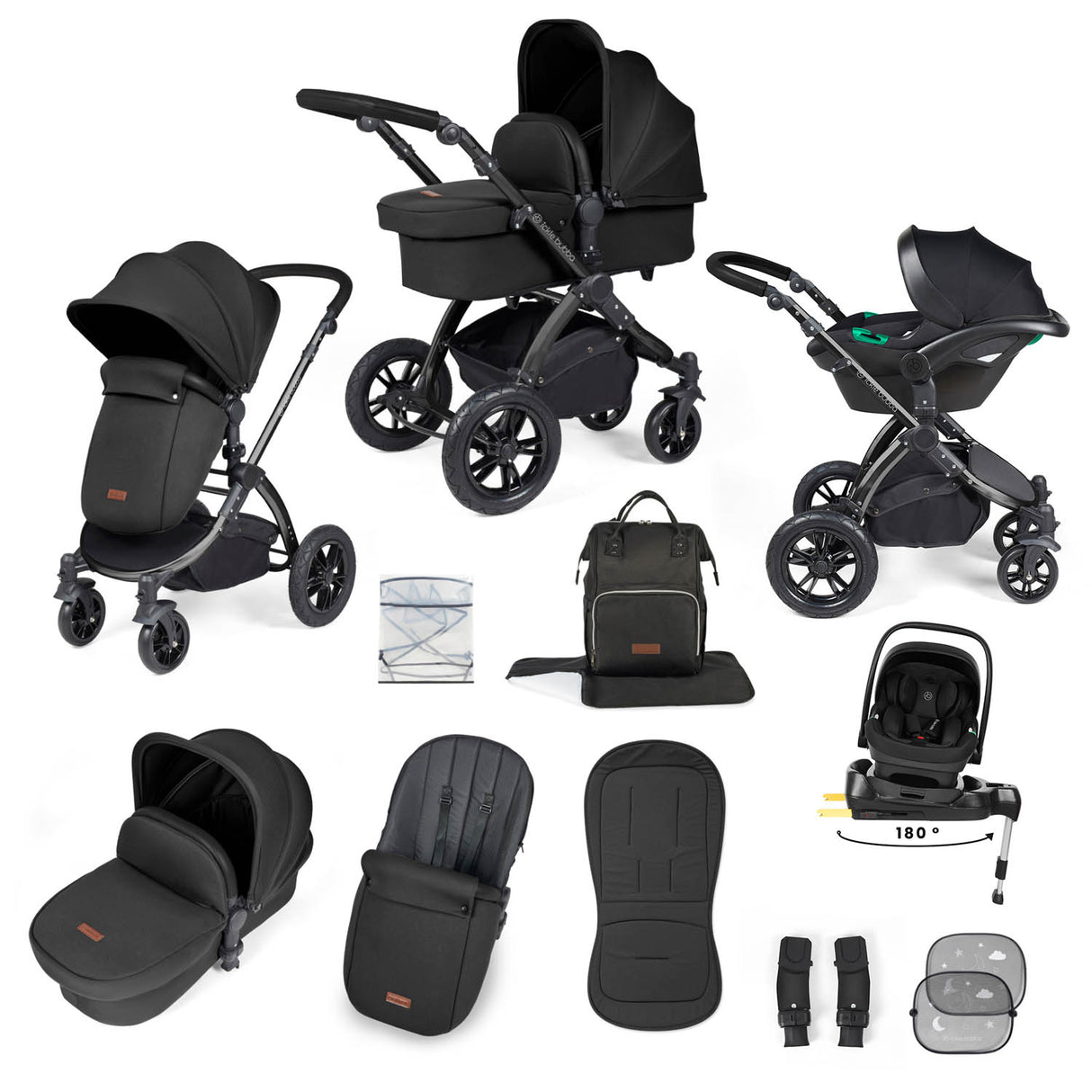 Ickle Bubba Stomp Luxe 12 Piece Travel System with i-Size Nimbus Car Seat & Spin Base - Black/Midnight/Black