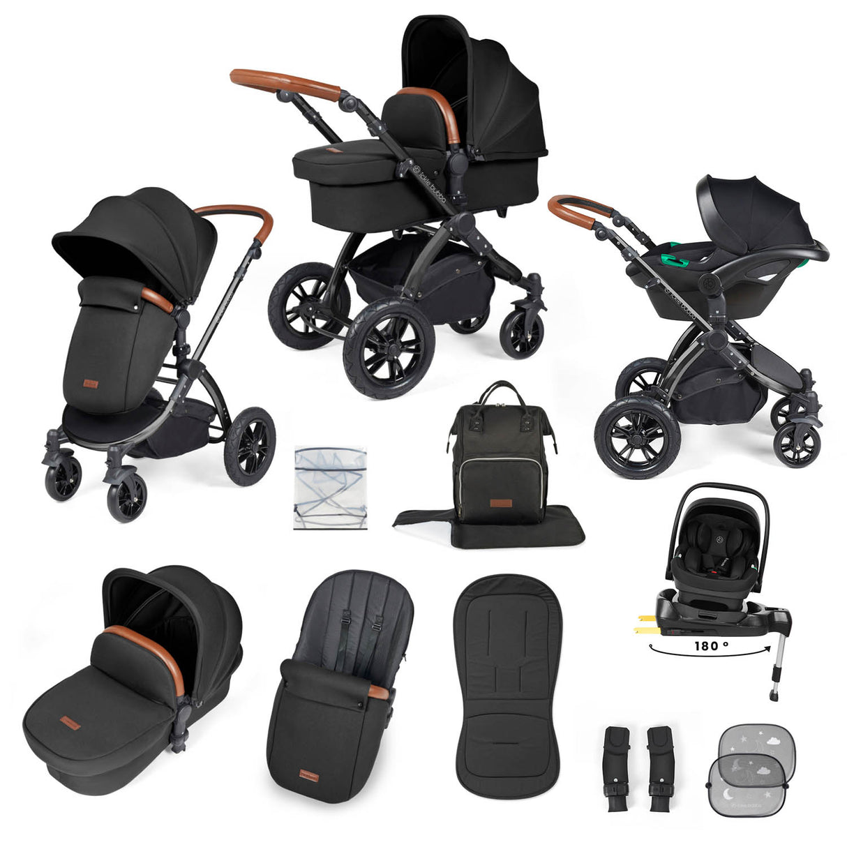 Ickle Bubba Stomp Luxe 12 Piece Travel System with i-Size Nimbus Car Seat & Spin Base - Black/Midnight/Tan