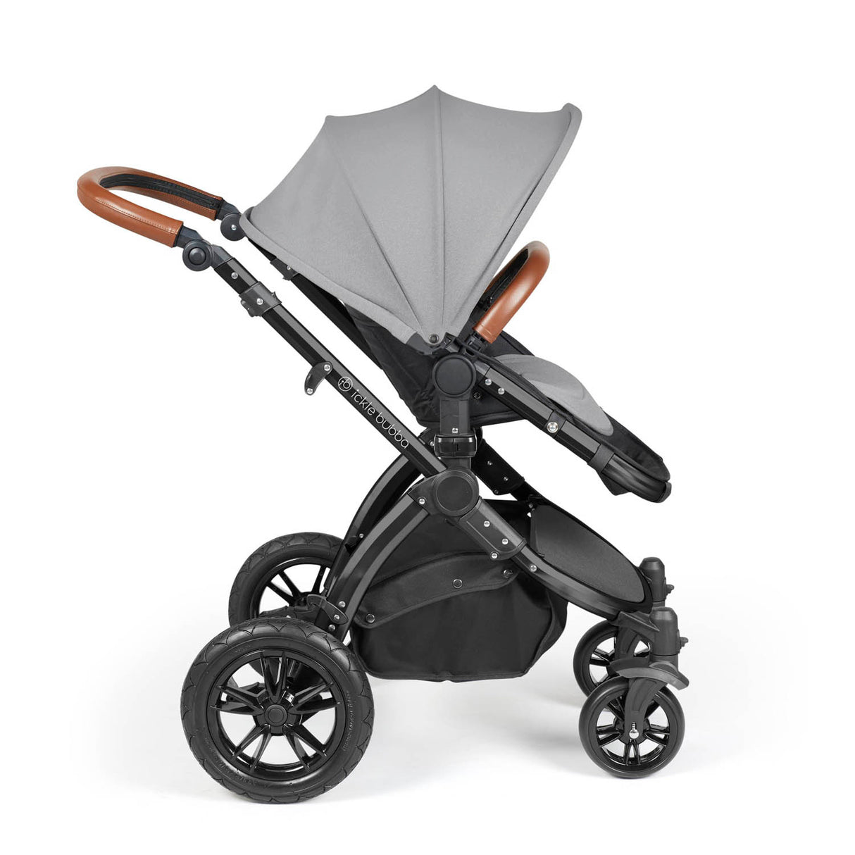 Ickle Bubba Stomp Luxe 12 Piece Travel System with i-Size Nimbus Car Seat & Spin Base - Black/Pearl Grey/Tan