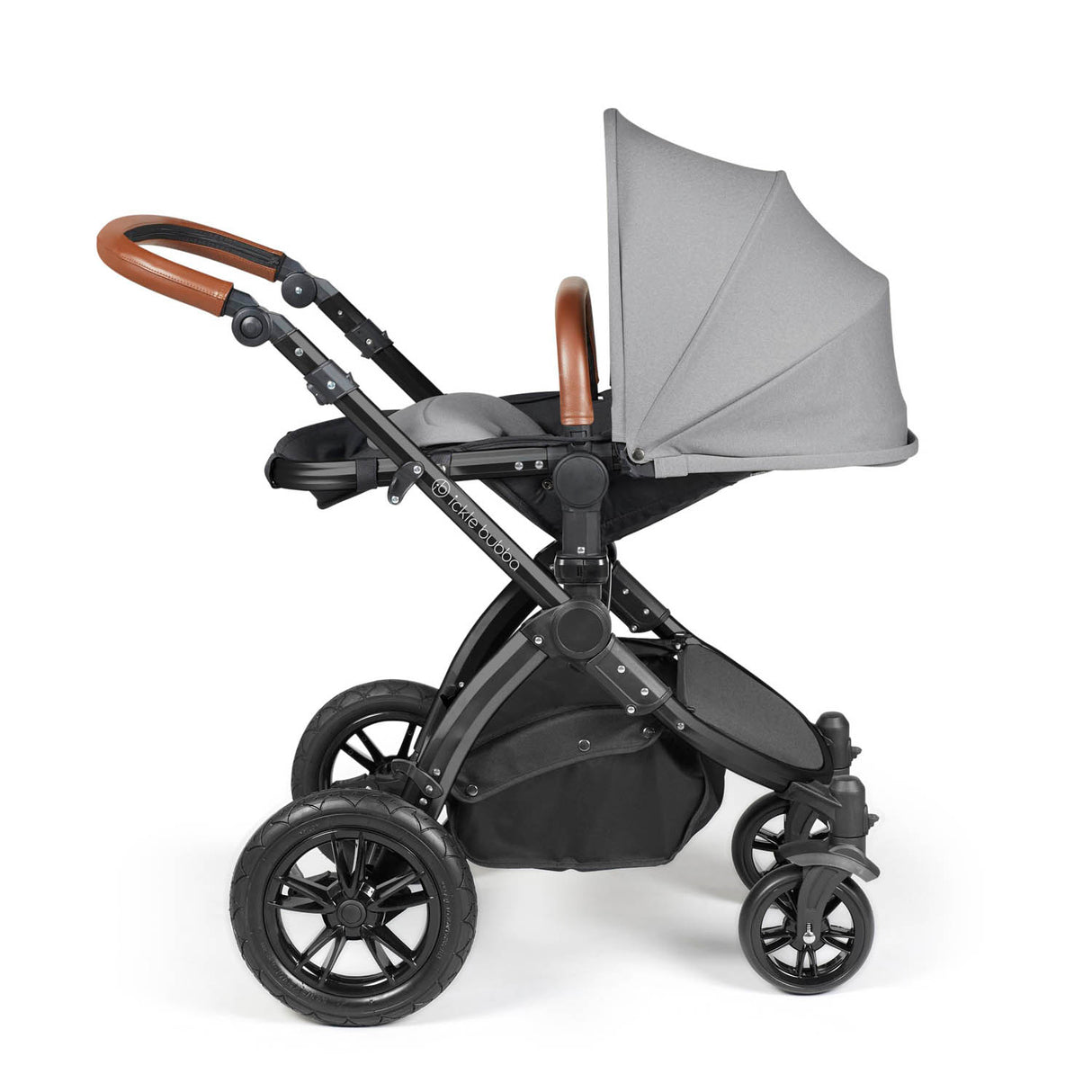 Ickle Bubba Stomp Luxe 12 Piece Travel System with i-Size Nimbus Car Seat & Spin Base - Black/Pearl Grey/Tan