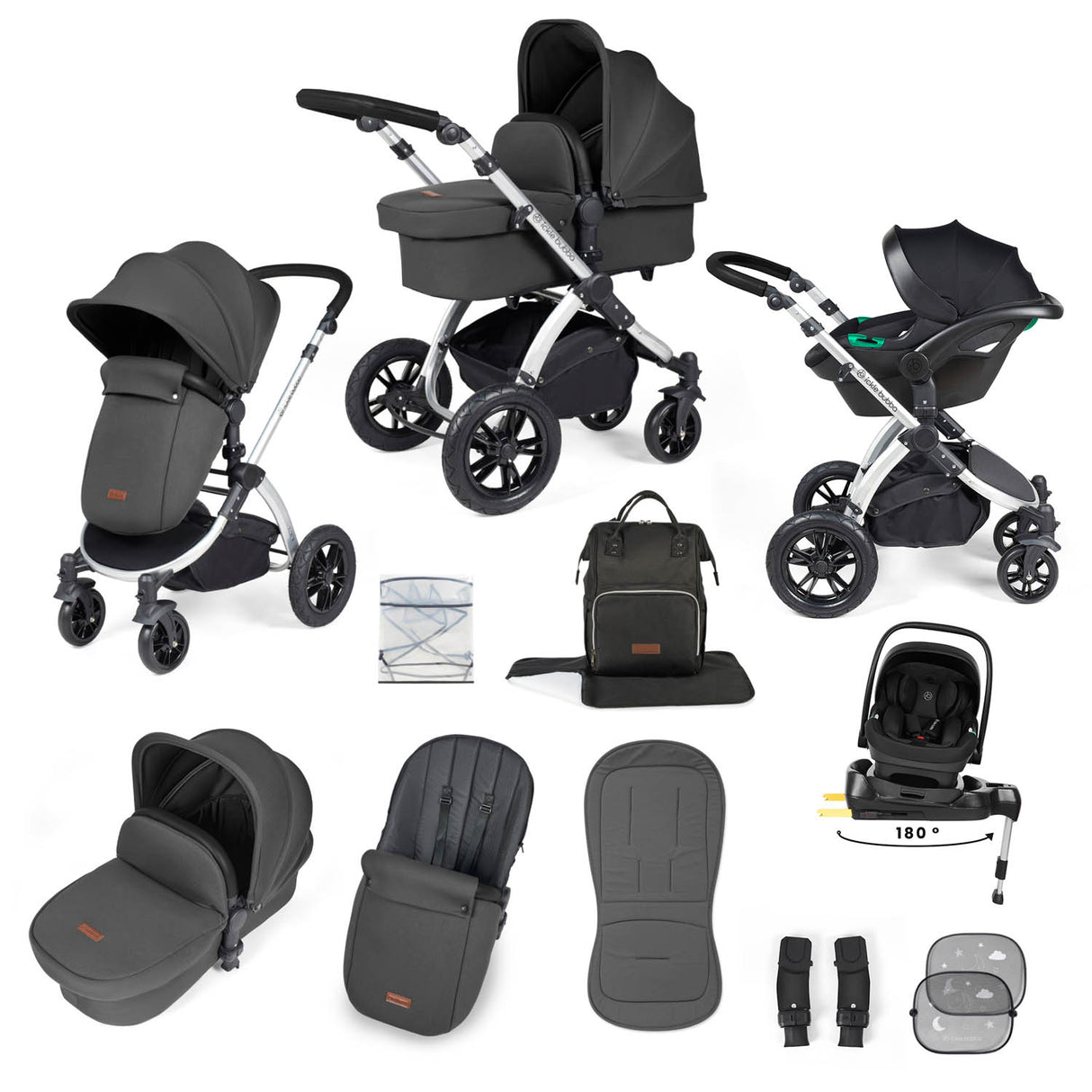 Ickle Bubba Stomp Luxe 12 Piece Travel System with i-Size Nimbus Car Seat & Spin Base - Silver/Charcoal Grey/Black
