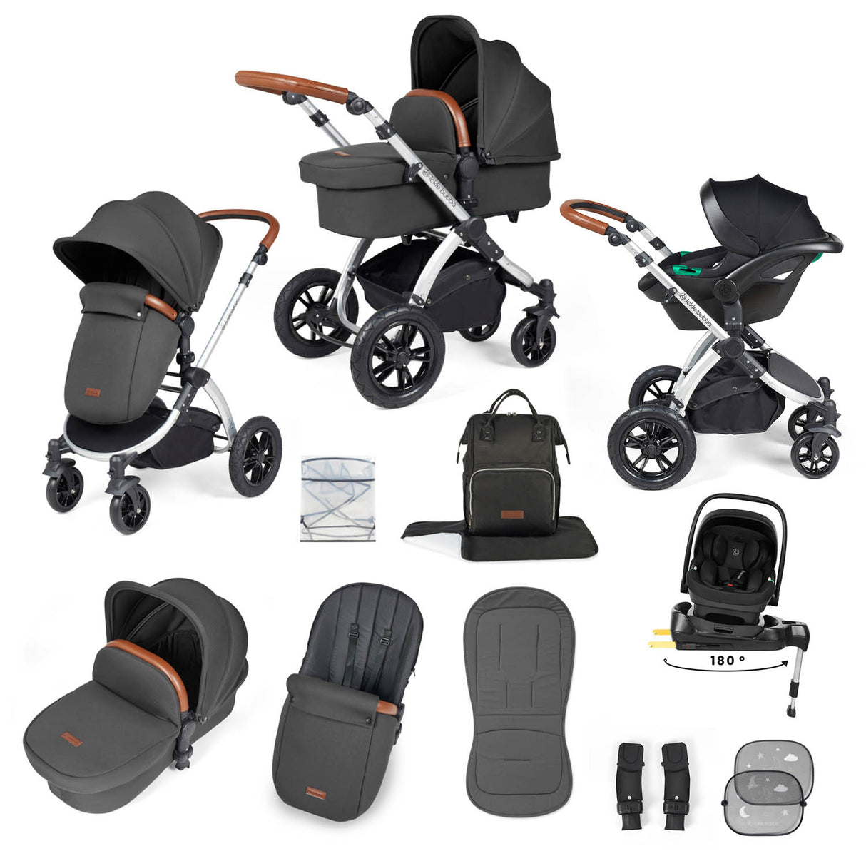 Ickle Bubba Stomp Luxe 12 Piece Travel System with i-Size Nimbus Car Seat & Spin Base - Silver/Charcoal Grey/Tan