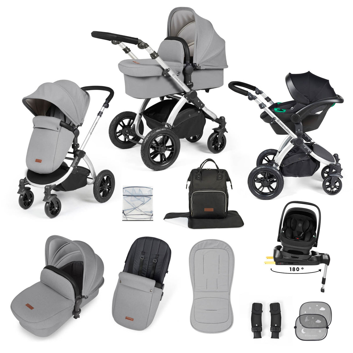 Ickle Bubba Stomp Luxe 12 Piece Travel System with i-Size Nimbus Car Seat & Spin Base - Silver/Pearl Grey/Black