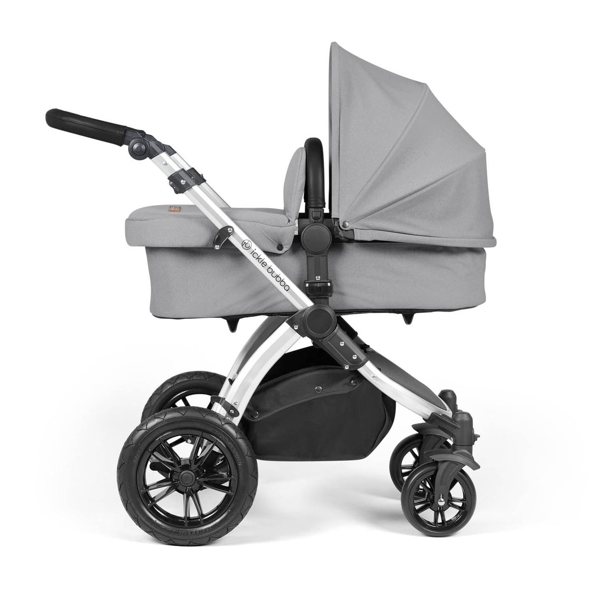 Ickle Bubba Stomp Luxe 12 Piece Travel System with i-Size Nimbus Car Seat & Spin Base - Silver/Pearl Grey/Black