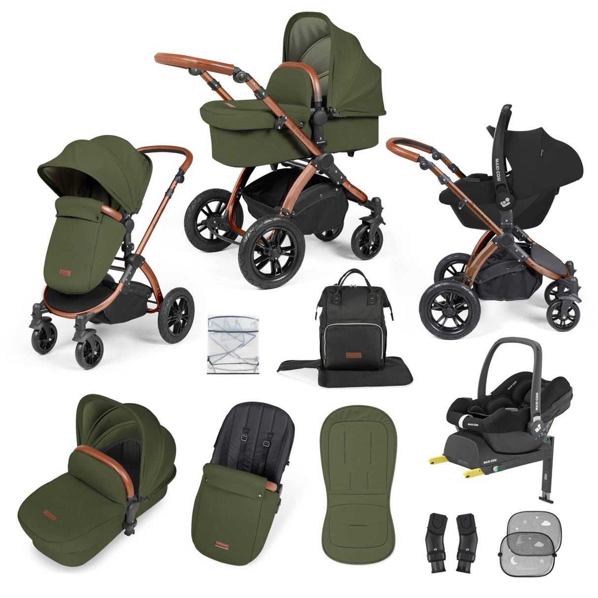 Ickle Bubba Stomp Luxe 12 Piece Travel System with Maxi-Cosi Cabriofix i-Size & Base - Bronze/Woodland/Tan