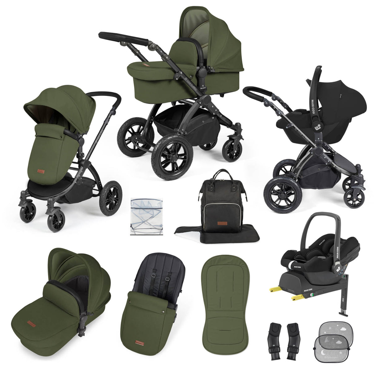 Ickle Bubba Stomp Luxe 12 Piece Travel System with Maxi-Cosi Cabriofix i-Size & Base - Black/Woodland/Black