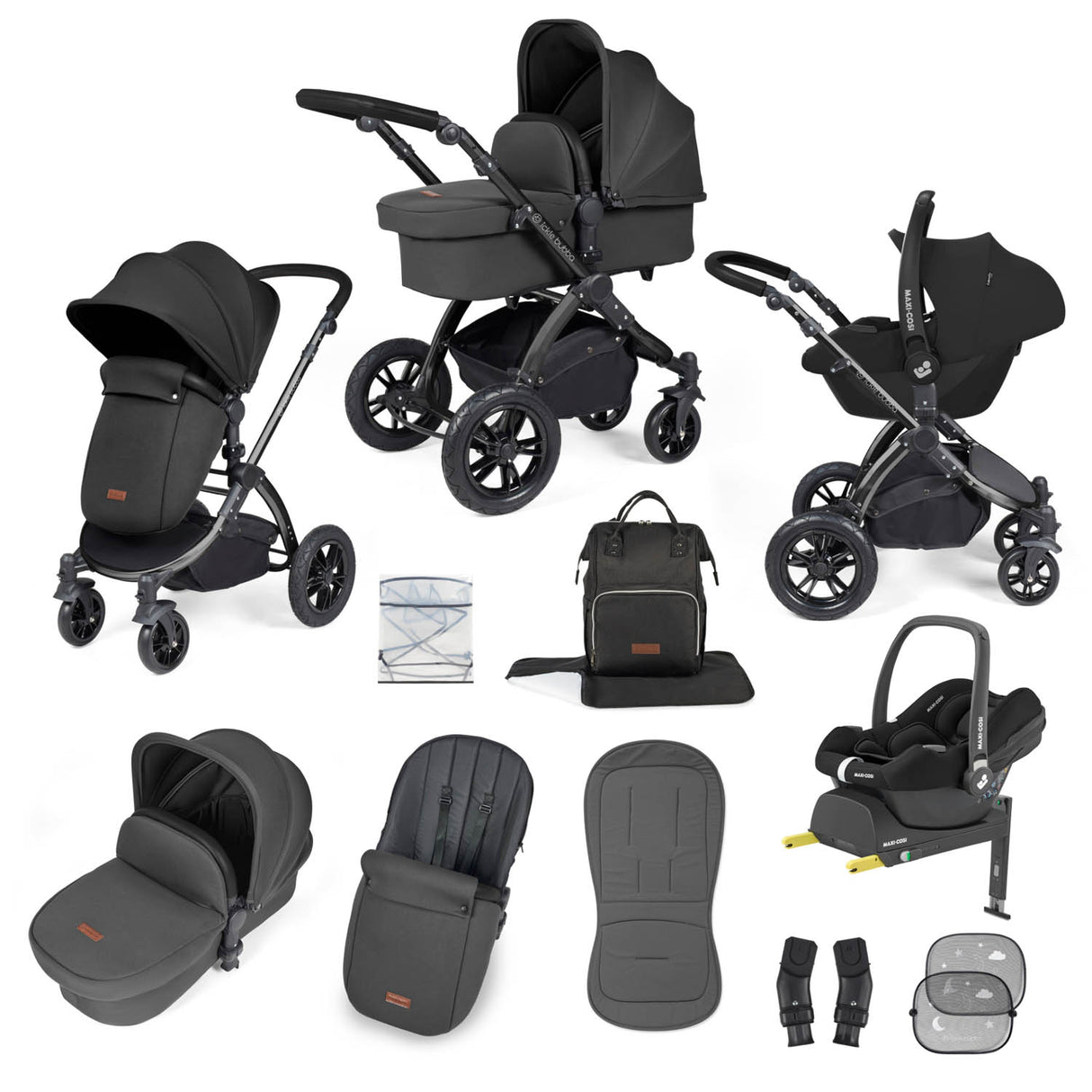 Ickle Bubba Stomp Luxe 12 Piece Travel System with Maxi-Cosi Cabriofix i-Size & Base - Black/Charcoal Grey/Black