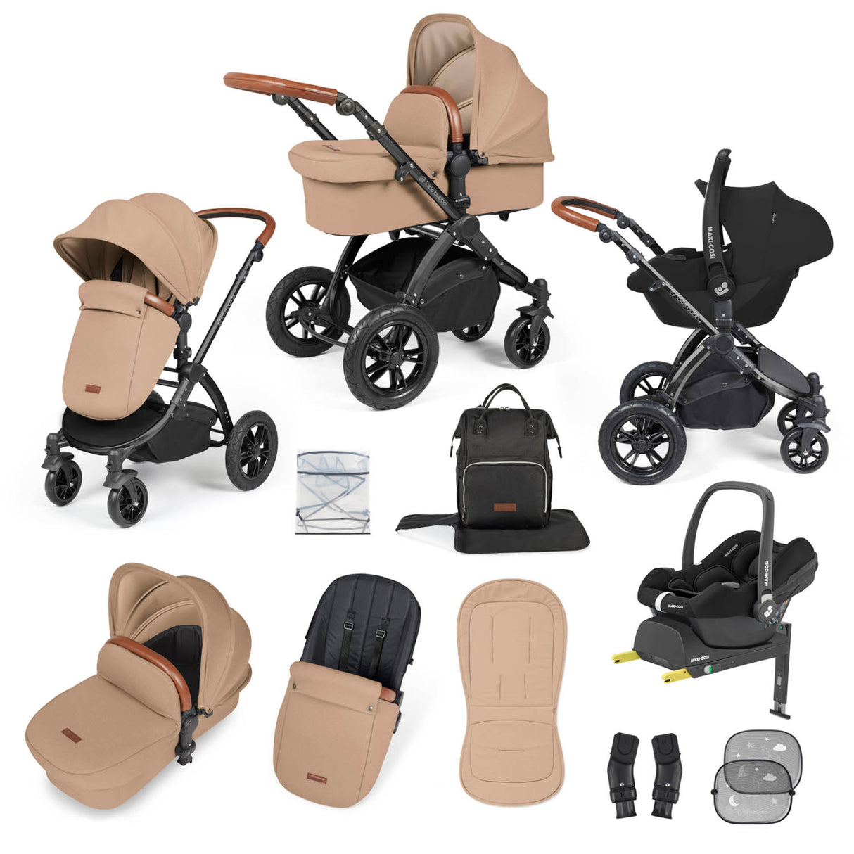 Ickle Bubba Stomp Luxe 12 Piece Travel System with Maxi-Cosi Cabriofix i-Size & Base - Black/Desert/Tan
