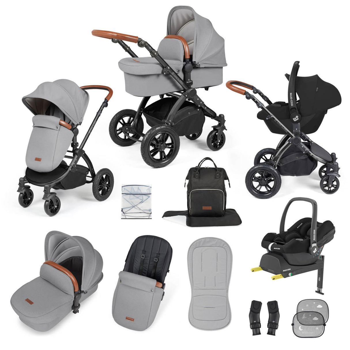 Ickle Bubba Stomp Luxe 12 Piece Travel System with Maxi-Cosi Cabriofix i-Size & Base - Black/Pearl Grey/Tan