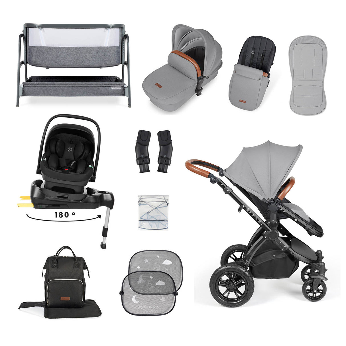 Ickle Bubba Stomp Luxe 14 Piece Nimbus 180° Spin Travel & Home Bundle - Black/Pearl Grey/Tan