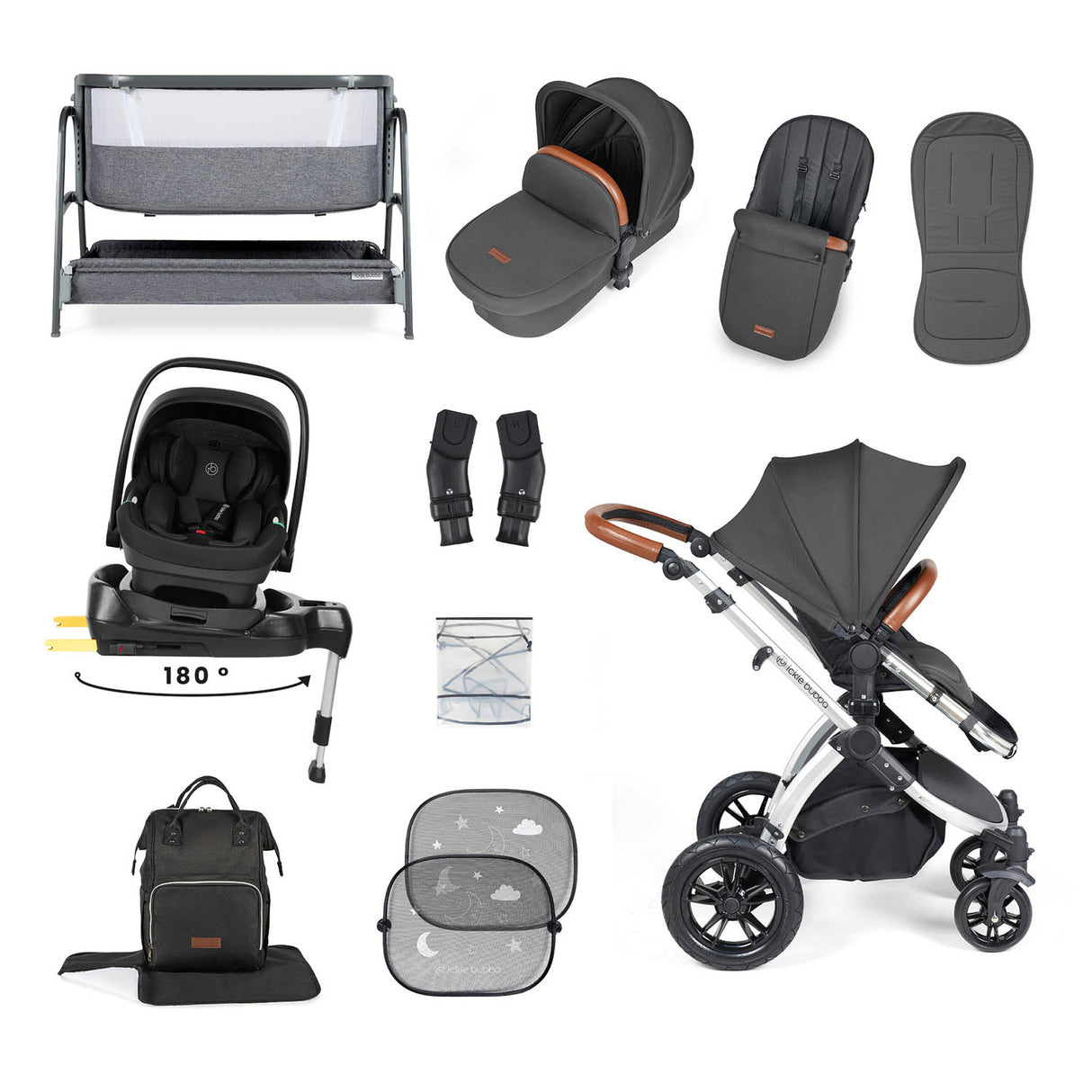 Ickle Bubba Stomp Luxe 14 Piece Nimbus 180° Spin Travel & Home Bundle - Silver/Charcoal Grey/Tan