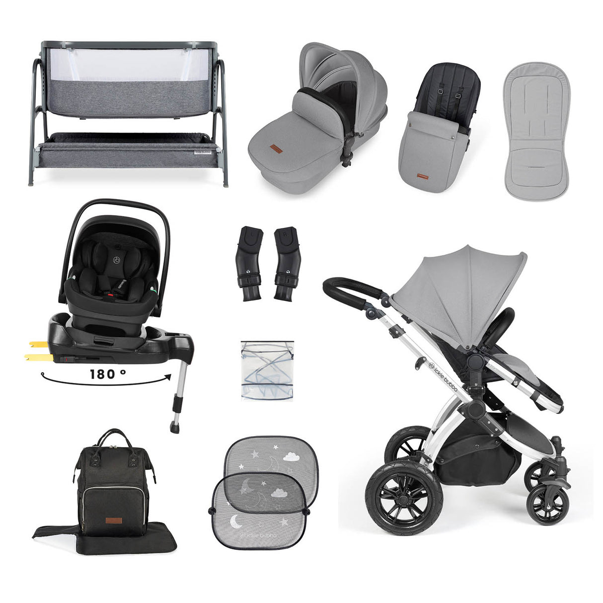 Ickle Bubba Stomp Luxe 14 Piece Nimbus 180° Spin Travel & Home Bundle - Silver/Pearl Grey/Black