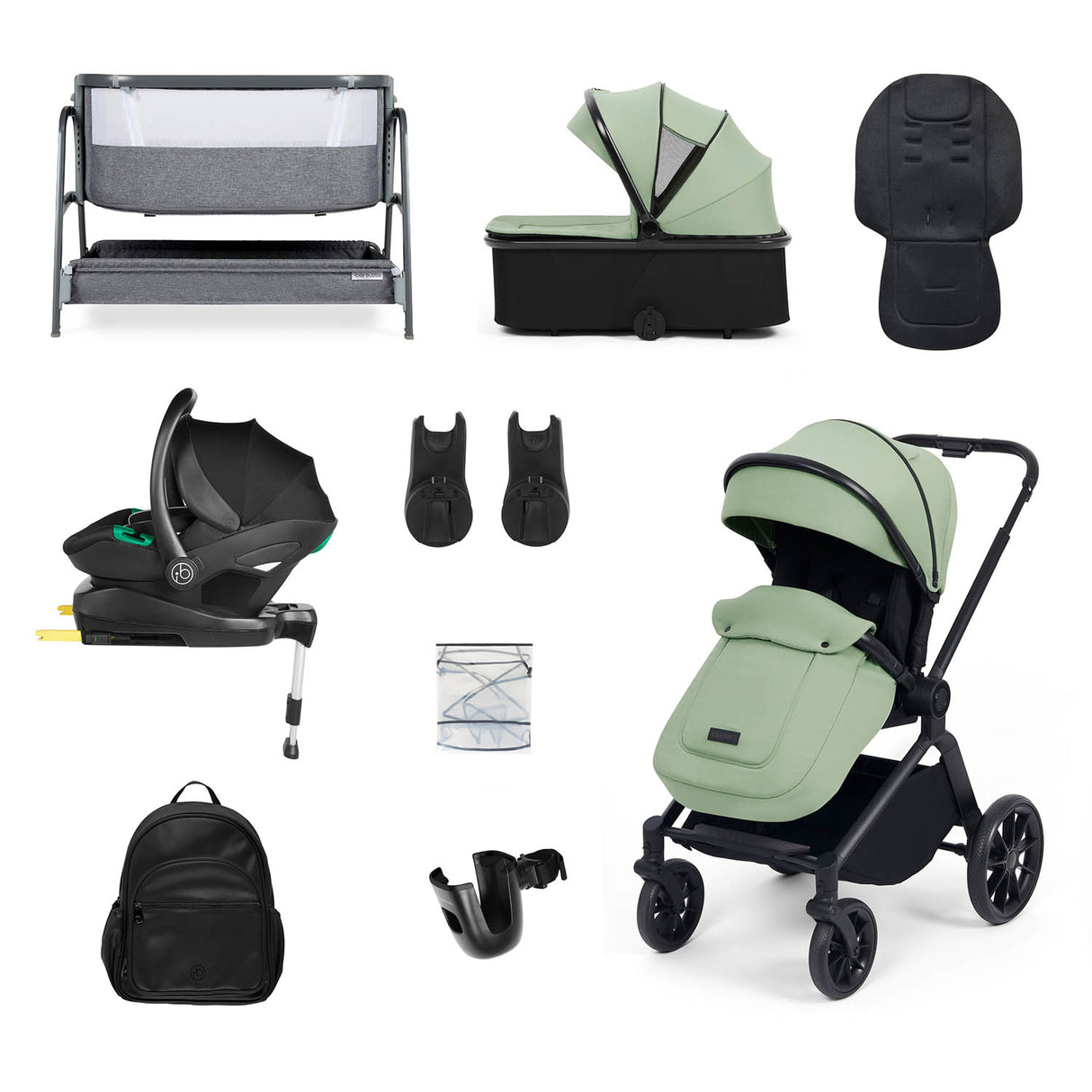 Ickle Bubba Altima 14 Piece Stratus i-Size Travel System & Base + Bubba&Me Crib - Sage Green