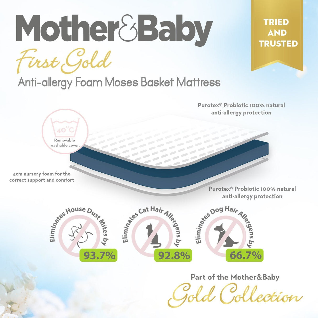 Mother&Baby First Gold Anti-Allergy Foam Moses Basket Mattress Large 75 x 28cm