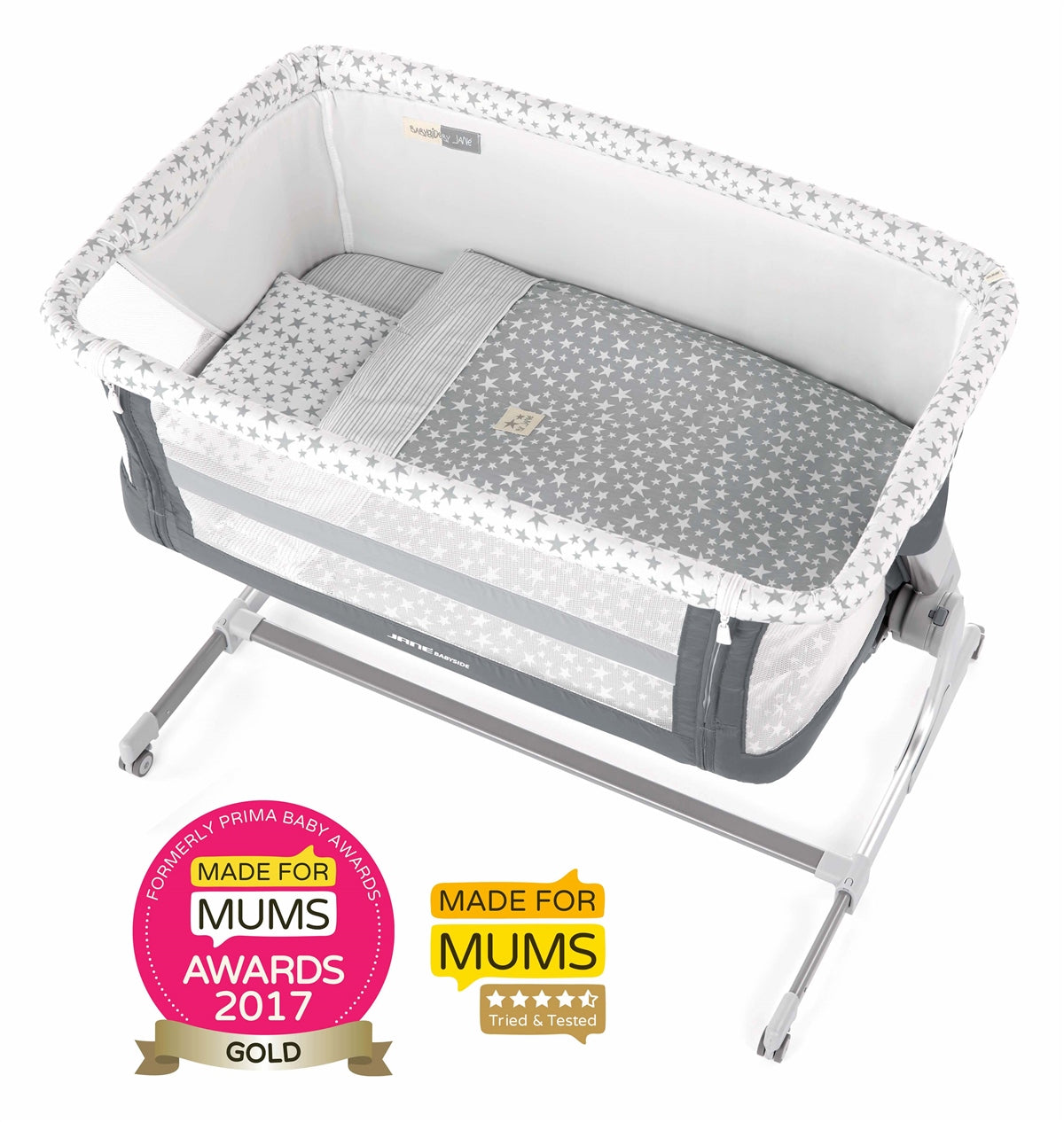 Jane Baby Side Crib + 4 Piece Bedding Set & Safety Mattress, Star
