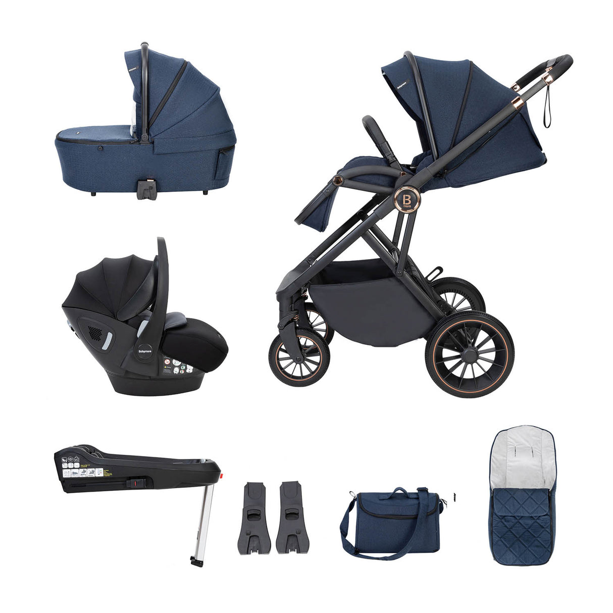 Babymore Chia Travel System + Pecan Car Seat & Base - Midnight Blue
