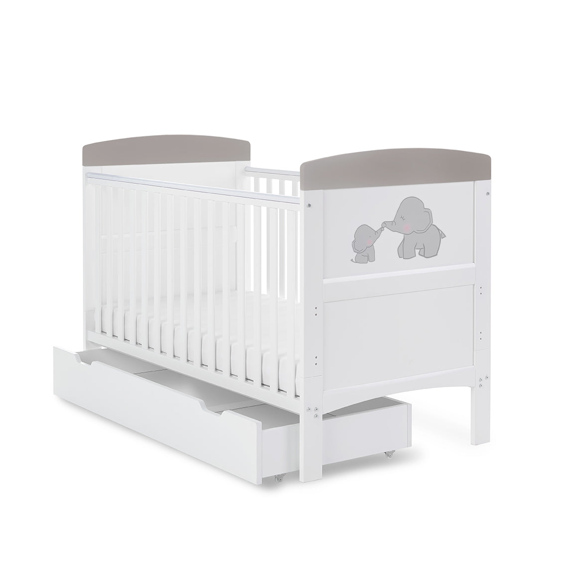 Obaby Grace Inspire Cot Bed & Underdrawer - Me & Mini Me Elephants - Grey