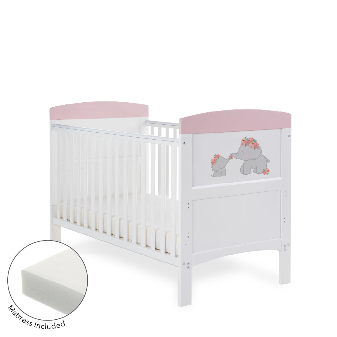 Obaby Grace Inspire Cot Bed & Fibre Mattress - Me & Mini Me Elephants - Pink