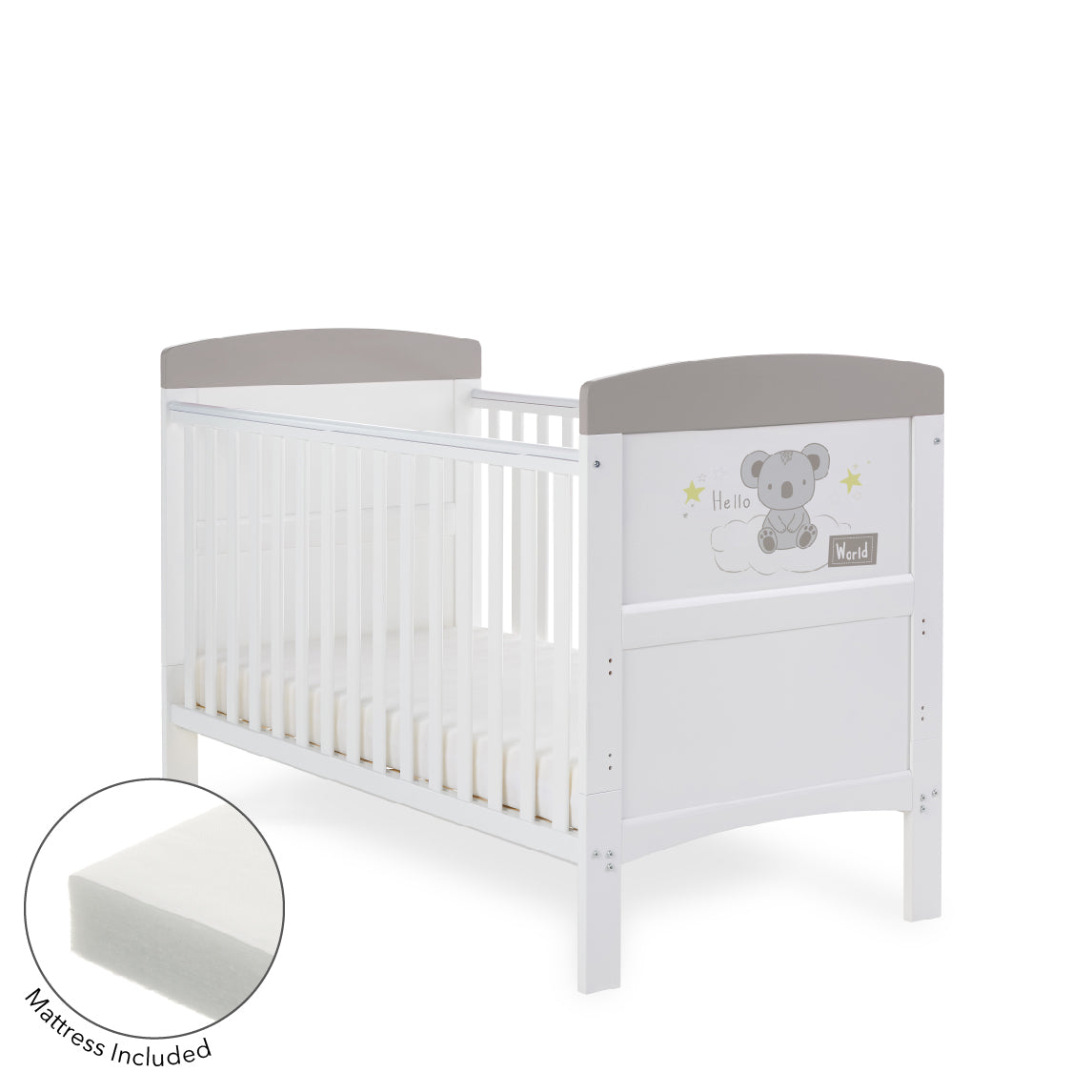 Obaby Grace Inspire Cot Bed & Fibre Mattress - Hello World Koala - Grey
