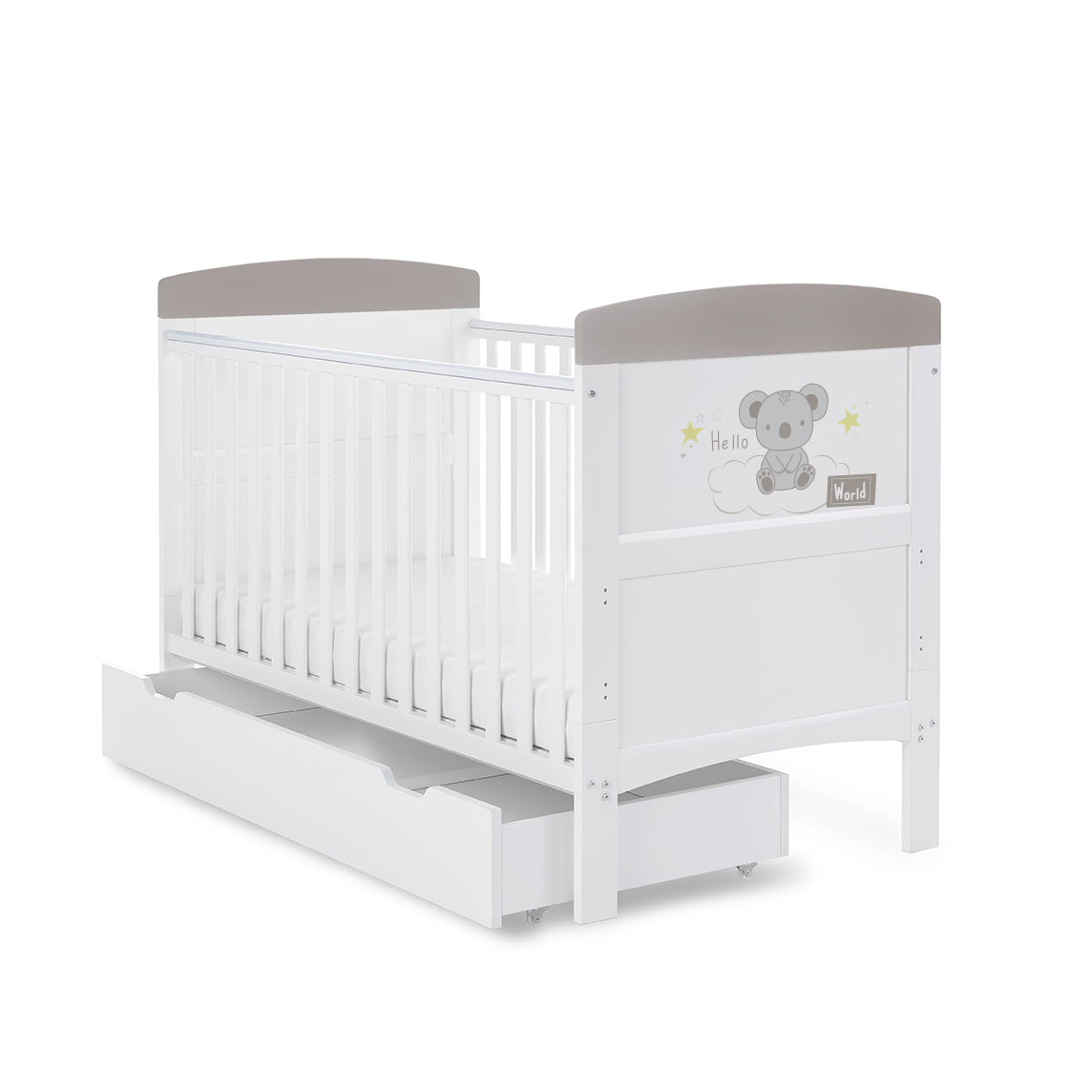 Obaby Grace Inspire Cot Bed & Underdrawer - Hello World Koala - Grey