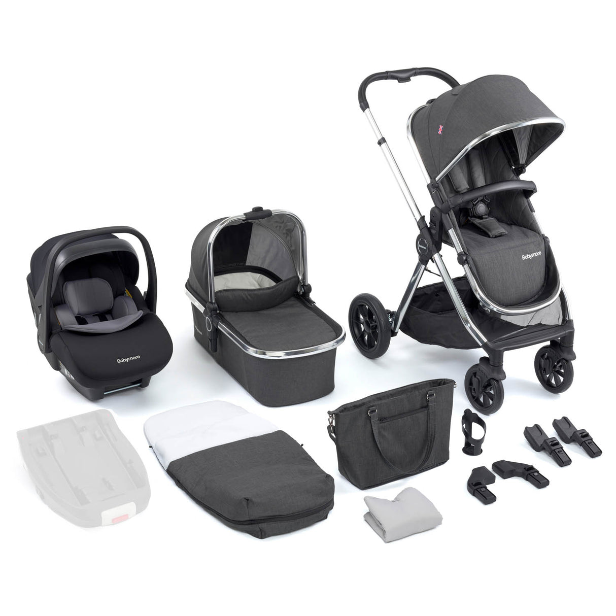 Babymore Memore V2 Travel System + Pecan Car Seat - Chrome