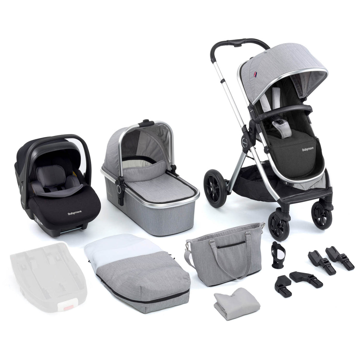 Babymore Memore V2 Travel System + Pecan Car Seat - Silver
