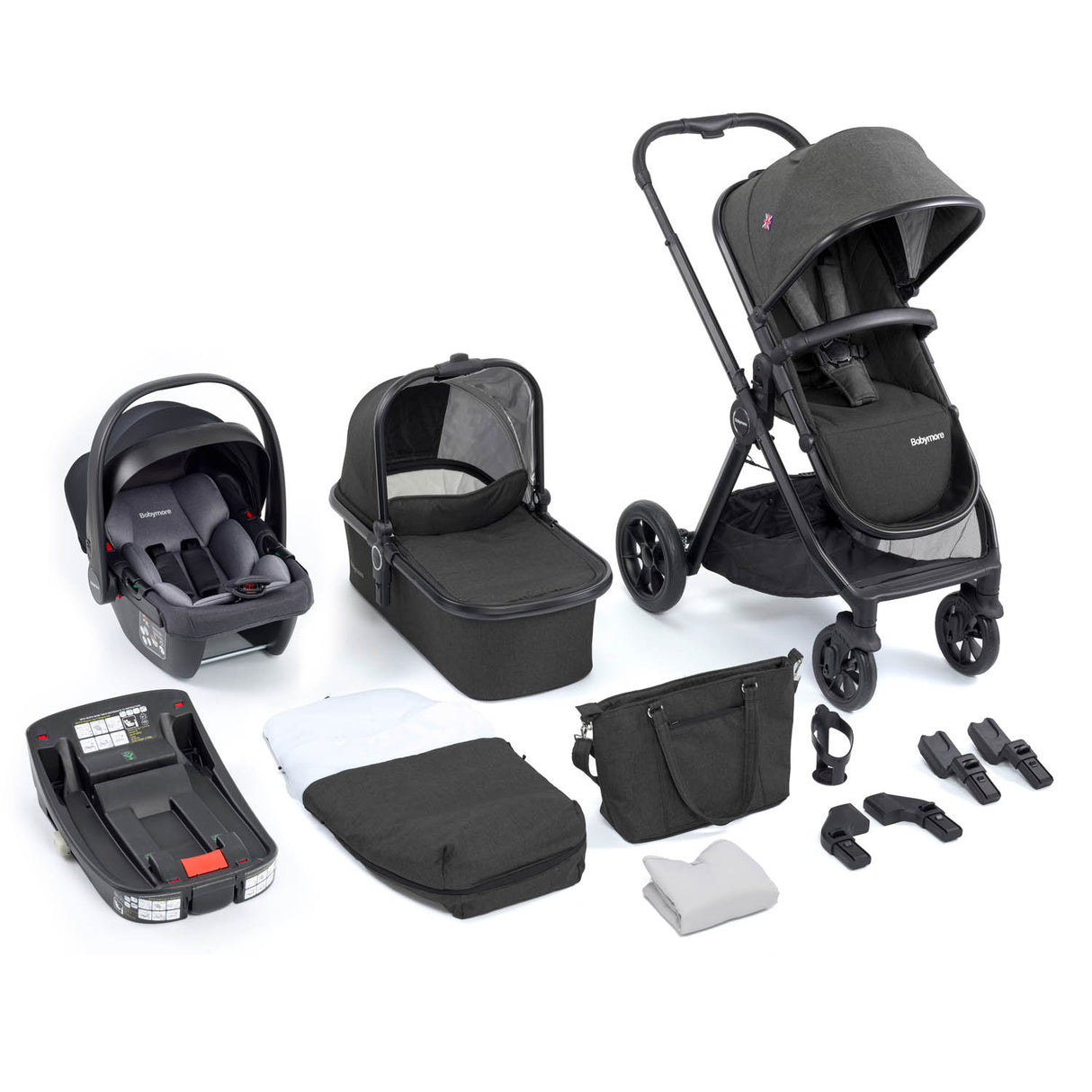 Babymore Memore V2 Travel System + Coco Car Seat & Base - Black