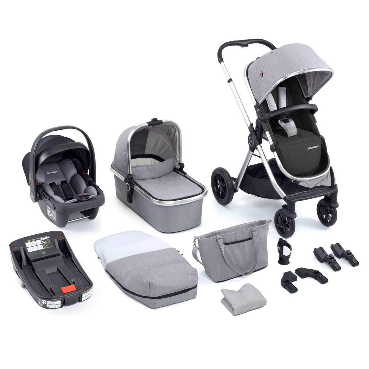 Babymore Memore V2 Travel System + Coco Car Seat & Base - Silver
