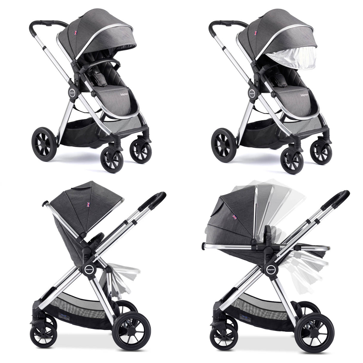 Babymore Memore V2 Travel System + Pecan Car Seat & Base - Chrome