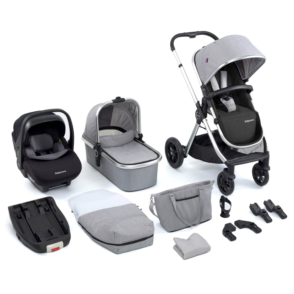 Babymore Memore V2 Travel System + Pecan Car Seat & Base - Silver