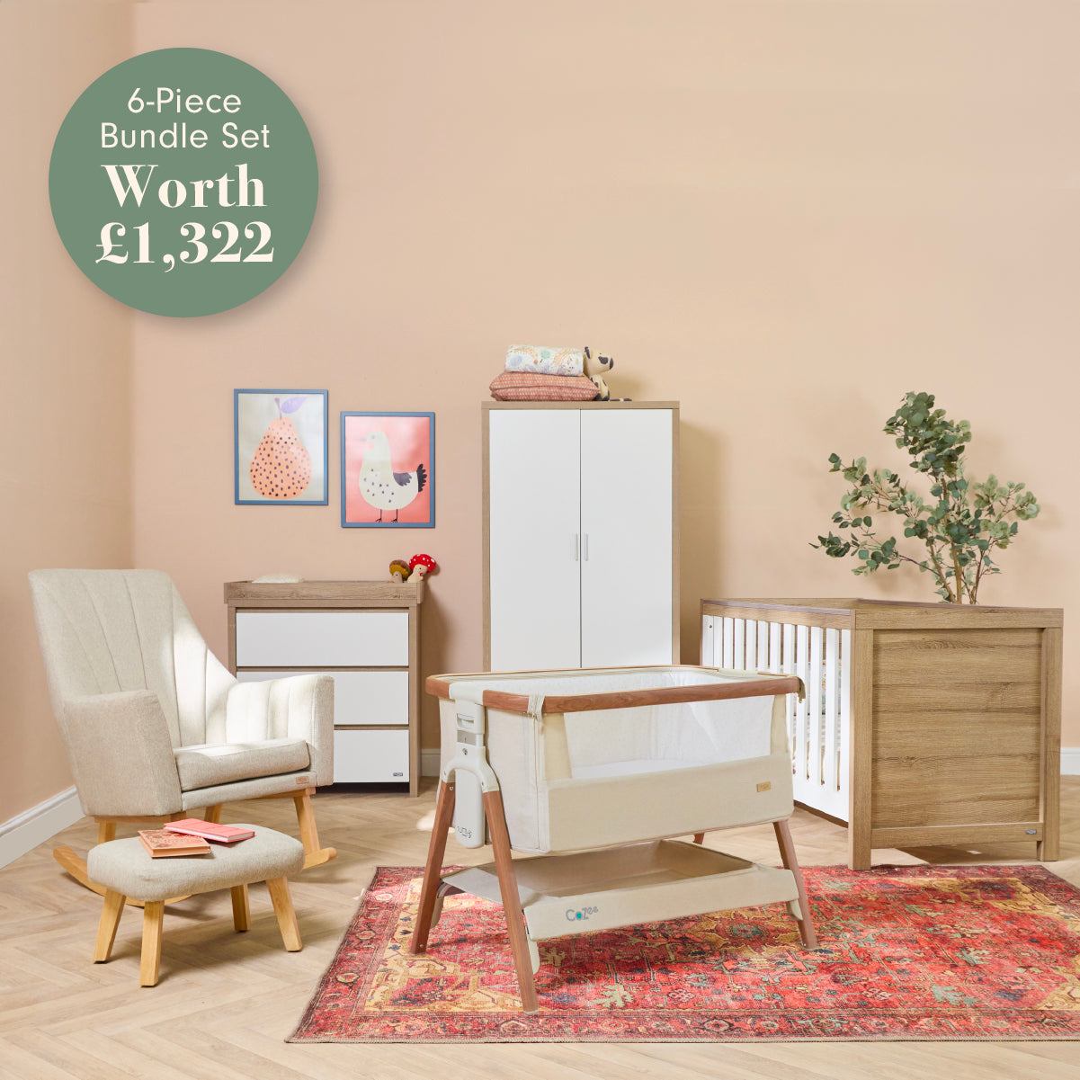 Tutti Bambini Modena Nursery Bundle With CoZee Bedside Crib (6 Piece) - White/Oak