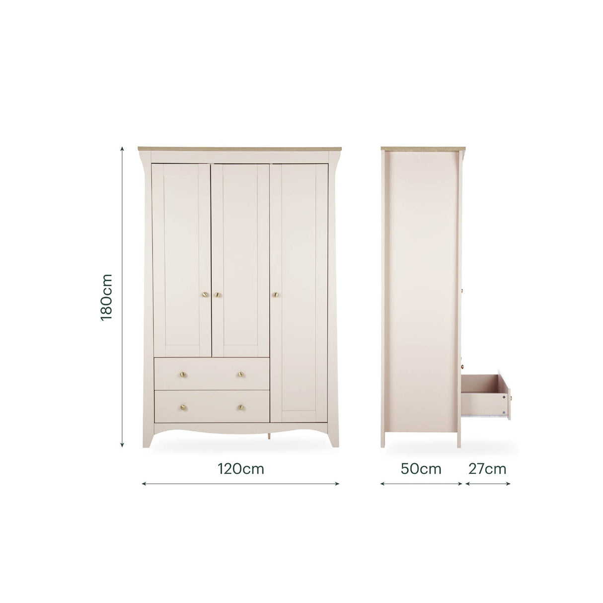 CuddleCo Clara Luxe 3 Piece Nursery Furniture Set (Cot Bed, Dresser & Wardrobe) - Cashmere & Ash