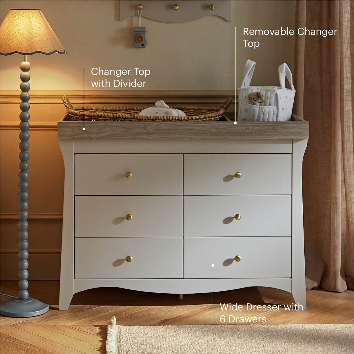 CuddleCo Clara Wide 6 Drawer Dresser & Changer - Cashmere & Ash