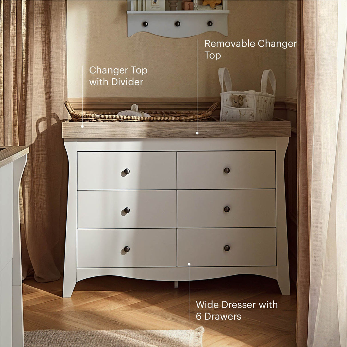 CuddleCo Clara Wide 6 Drawer Dresser & Changer - White & Ash