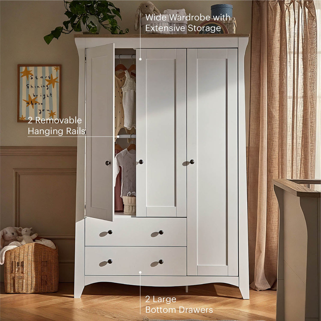 CuddleCo Clara 3 Door Triple Wardrobe - White & Ash