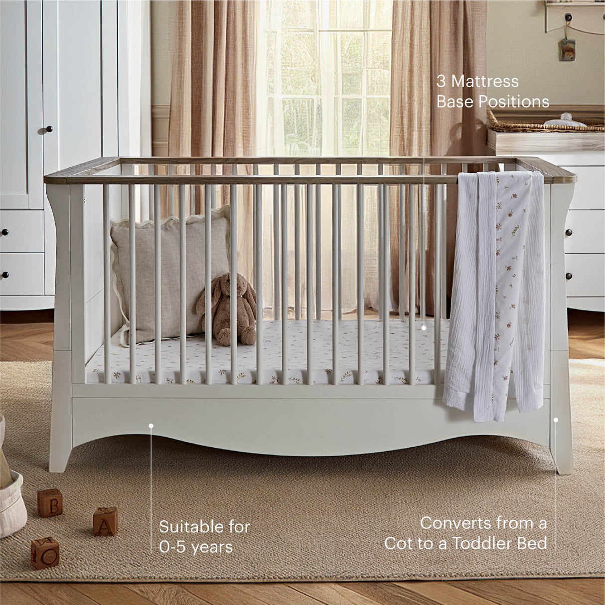 CuddleCo Clara Luxe 2 Piece Nursery Furniture Set (Cot Bed & Dresser) - White & Ash