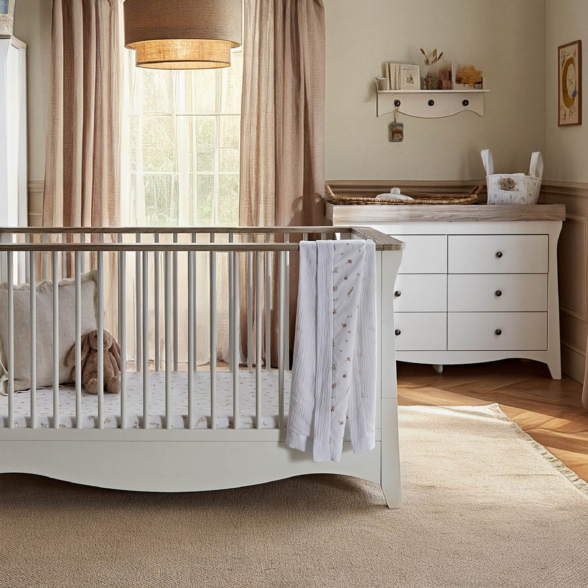 CuddleCo Clara Luxe 2 Piece Nursery Furniture Set (Cot Bed & Dresser) - White & Ash